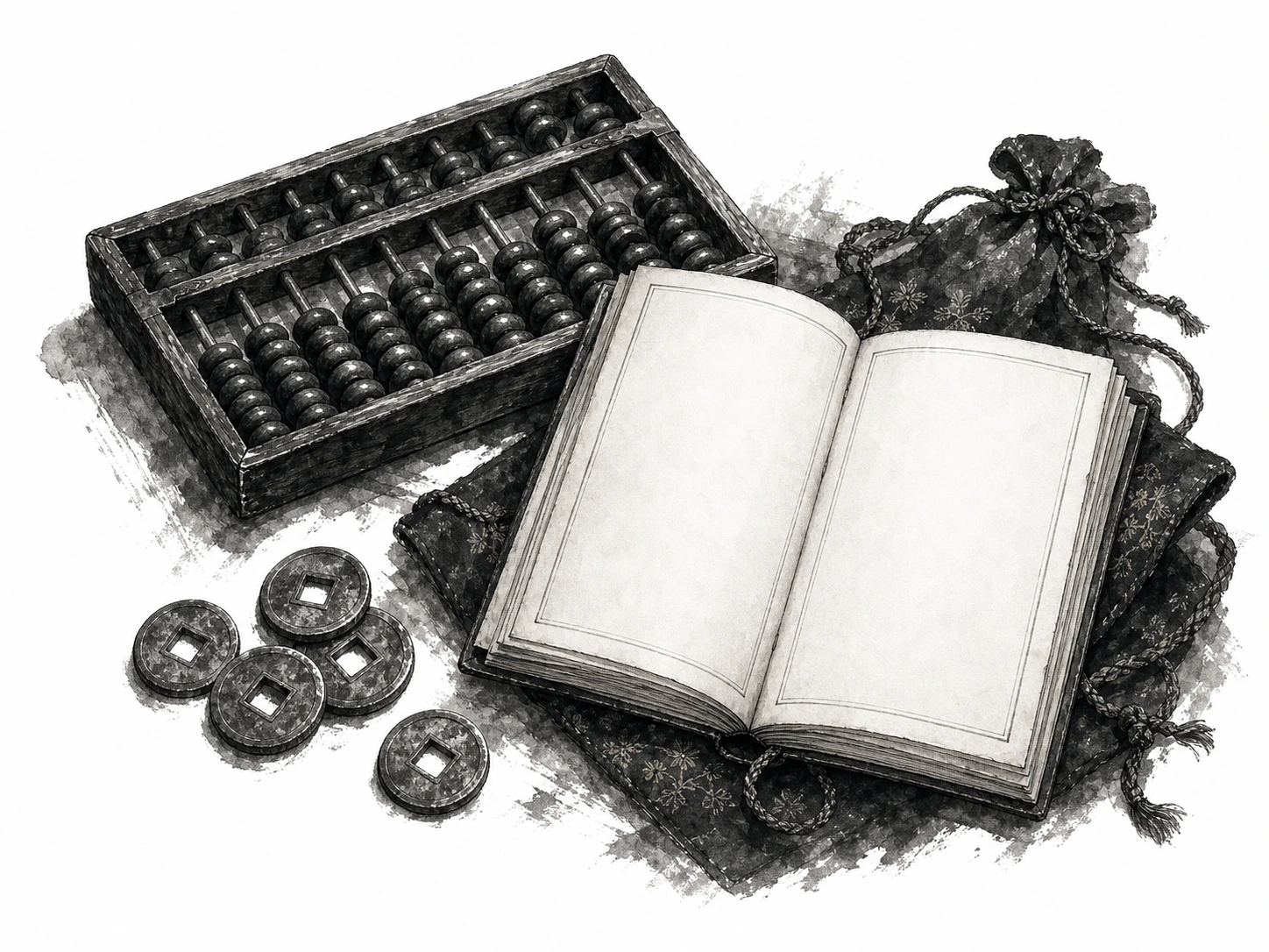 Merchant coins and abacus still life